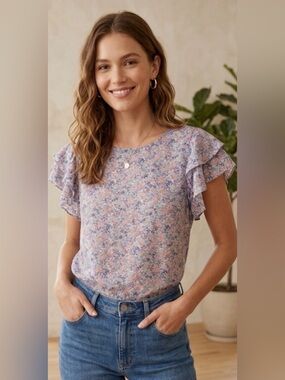 Cynthia Rowley Floral Ruffle-Sleeve Blouse - Pink, Blue & Cream